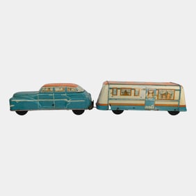 Wolverine Four Door Sedan Car & House Trailer Camper 1950s Tin Toy