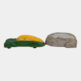 Sun Rubber Co 1930s Rubber Green & Yellow Sedan Toy Car And Trailer