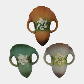 Roseville Gardenia Gray Green Tan 1950 Mid Century Modern Wall Pockets 666-8