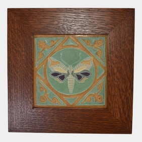 J. B. Owens Vintage Art Pottery Framed Art And Crafts Green Moth Tile