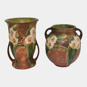 Roseville Jonquil Brown Vintage Art Pottery Ceramic Vases