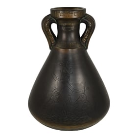 Norse 1900s Vintage Art Pottery Bronze Ware Egyptian Warrior Handled Vase 10