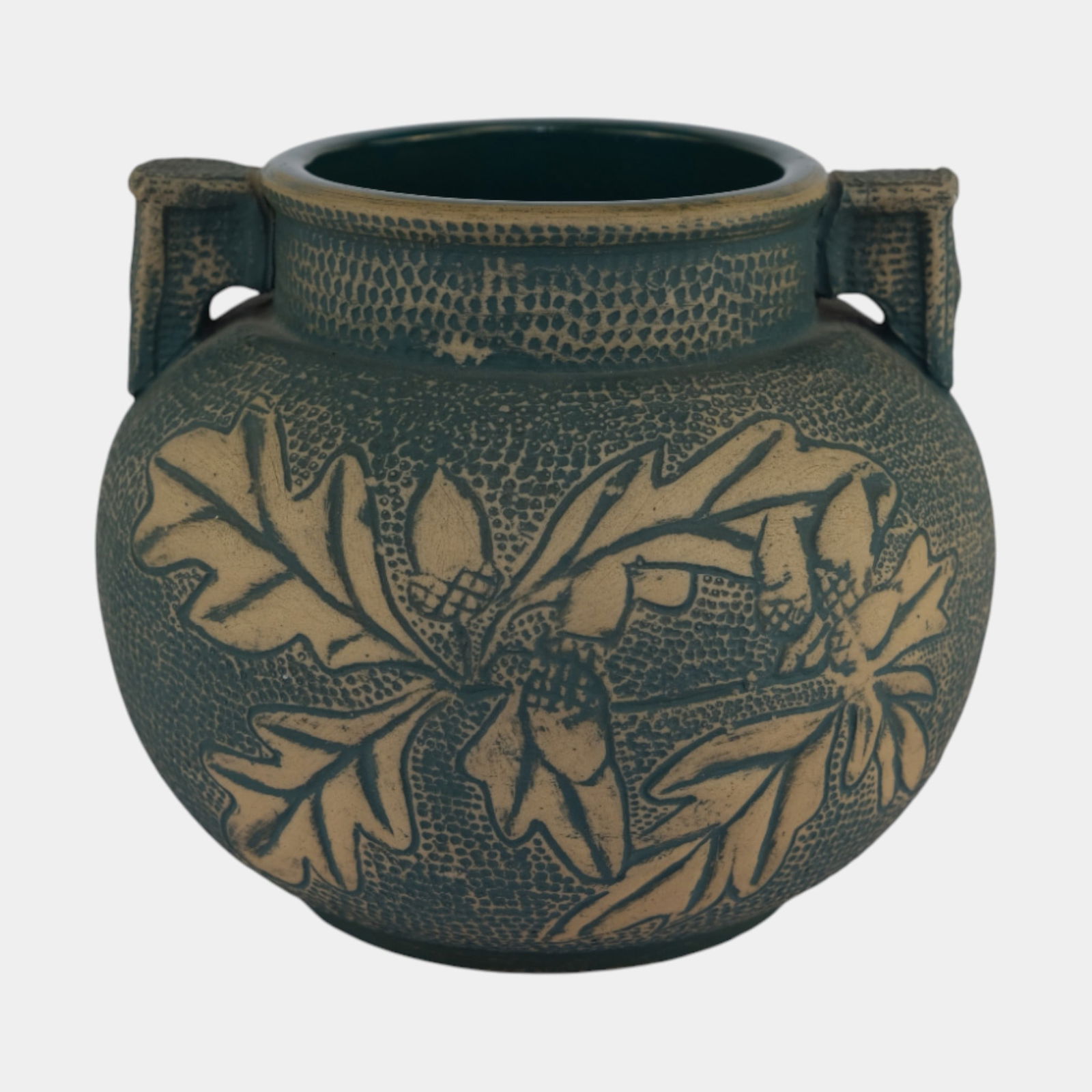 Red Wing Union Stoneware Co. Vintage Pottery Teal Oak Leaf Ceramic Handled Vase (1 of 3)