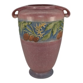 Roseville Baneda Pink 1932 Vintage Art Deco Pottery Handled Ceramic Vase 599-12