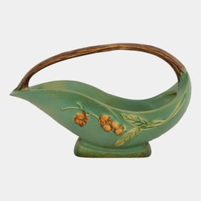 Roseville Bittersweet Green 1951 Mid Century Modern Pottery Basket 810-10