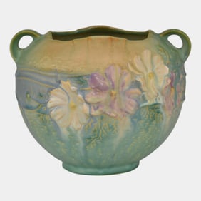 Roseville Cosmos Green 1939 Vintage Art Pottery Ceramic Handled Bowl Vase 376-6
