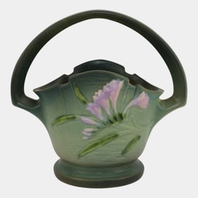 Roseville Freesia Green 1945 Vintage Art Pottery Ceramic Basket 391-8