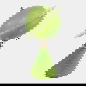 Houze 1939 World's Fair Art Deco Green Satin Glass "Saturn" Souvenir Lamp: Houze 1939 World's Fair Art Deco Green Satin Glass "Saturn" Souvenir Lamp Futuristic mid-century lamp featuring a green glass planet form with frosted ring shade, set on a conical ribbed base, evoking