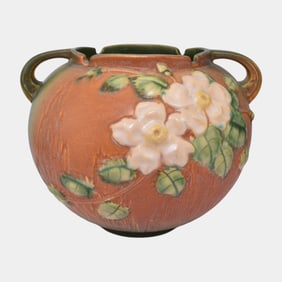 Roseville White Rose Brown 1940 Mid Century Modern Pottery Planter Bowl 388-7