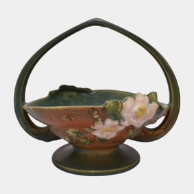 Roseville White Rose Brown 1940 Pottery Ceramic Basket 362-8