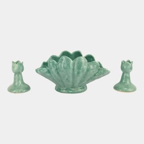 Anna Van Briggle Mid Century Modern Pottery Green Candle Holders Console Bowl