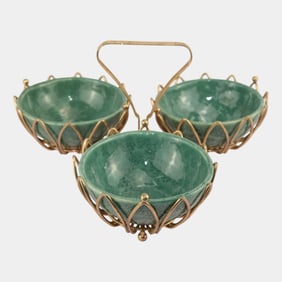 Anna Van Briggle Mid Century Modern Seafoam Green Bowl Set with Metal Carrier