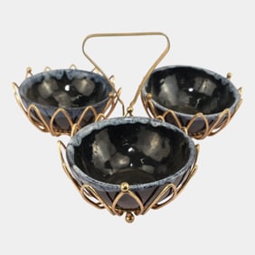 Anna Van Briggle Mid Century Modern Blue Bowl Set with Metal Carrier