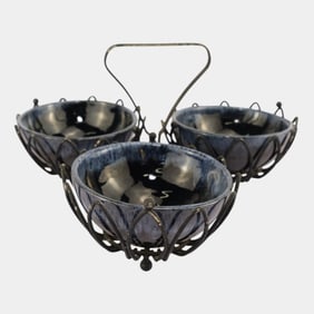 Anna Van Briggle Mid Century Modern Blue Bowl Set with Metal Carrier