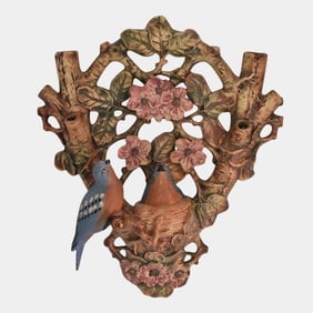 Weller Woodcraft 1920s Pottery Nesting Blue Birds And Red Flower Wall Hanging