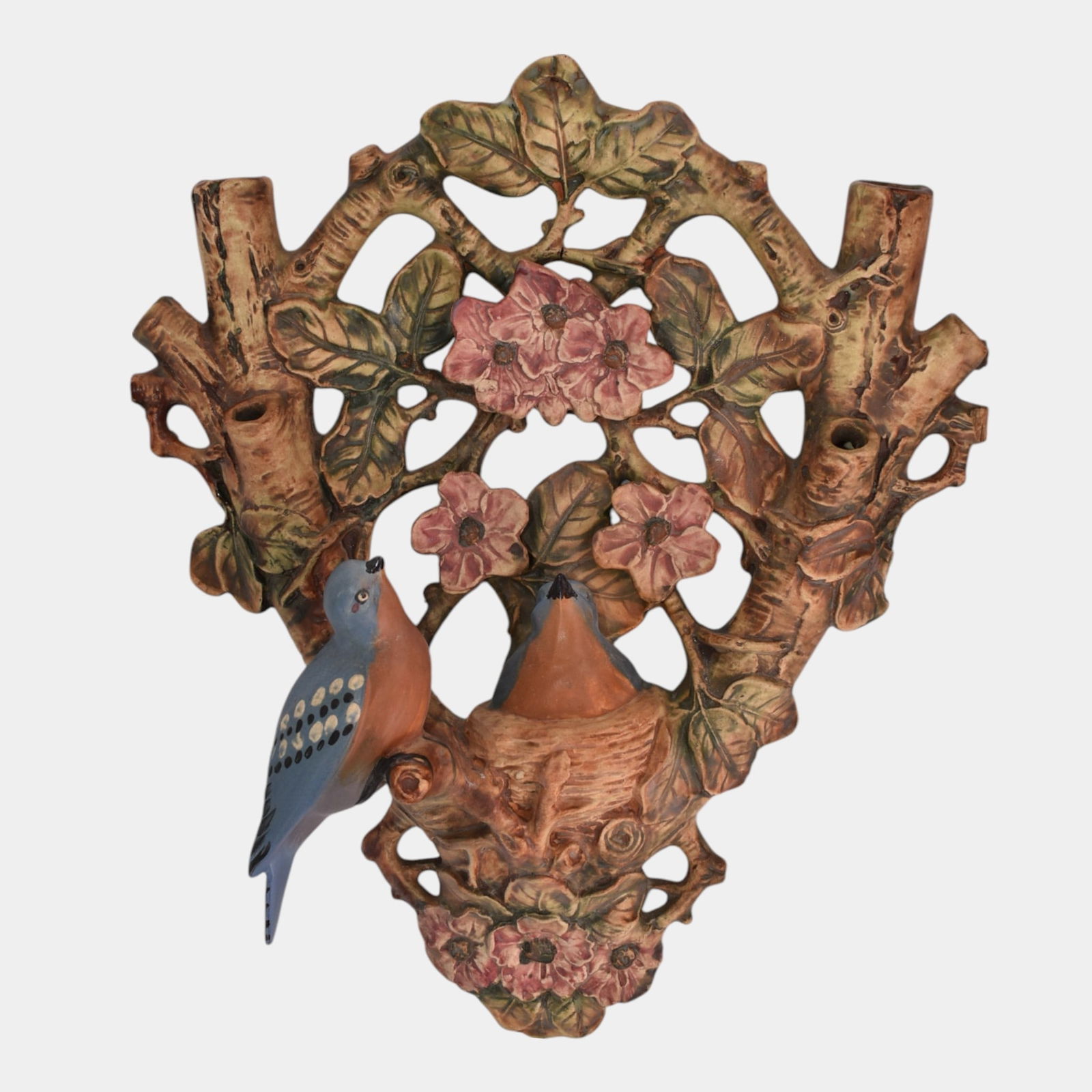 Weller Woodcraft 1920s Pottery Nesting Blue Birds And Red Flower Wall Hanging: Weller Woodcraft 1920s Pottery Nesting Blue Birds And Red Flower Wall Hanging Beautiful, rarely seen large wall hanging with two nesting blue birds, red flowers and green leaves. Excellent condition.