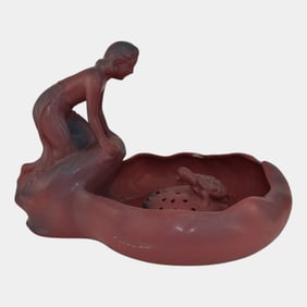 Van Briggle 1940s Pottery Lady Of The Lake Figural Bowl Turtle Flower Frog