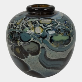 Jon M. Wolfe Blue Green Metallic Studio Art Glass Vase Numbered