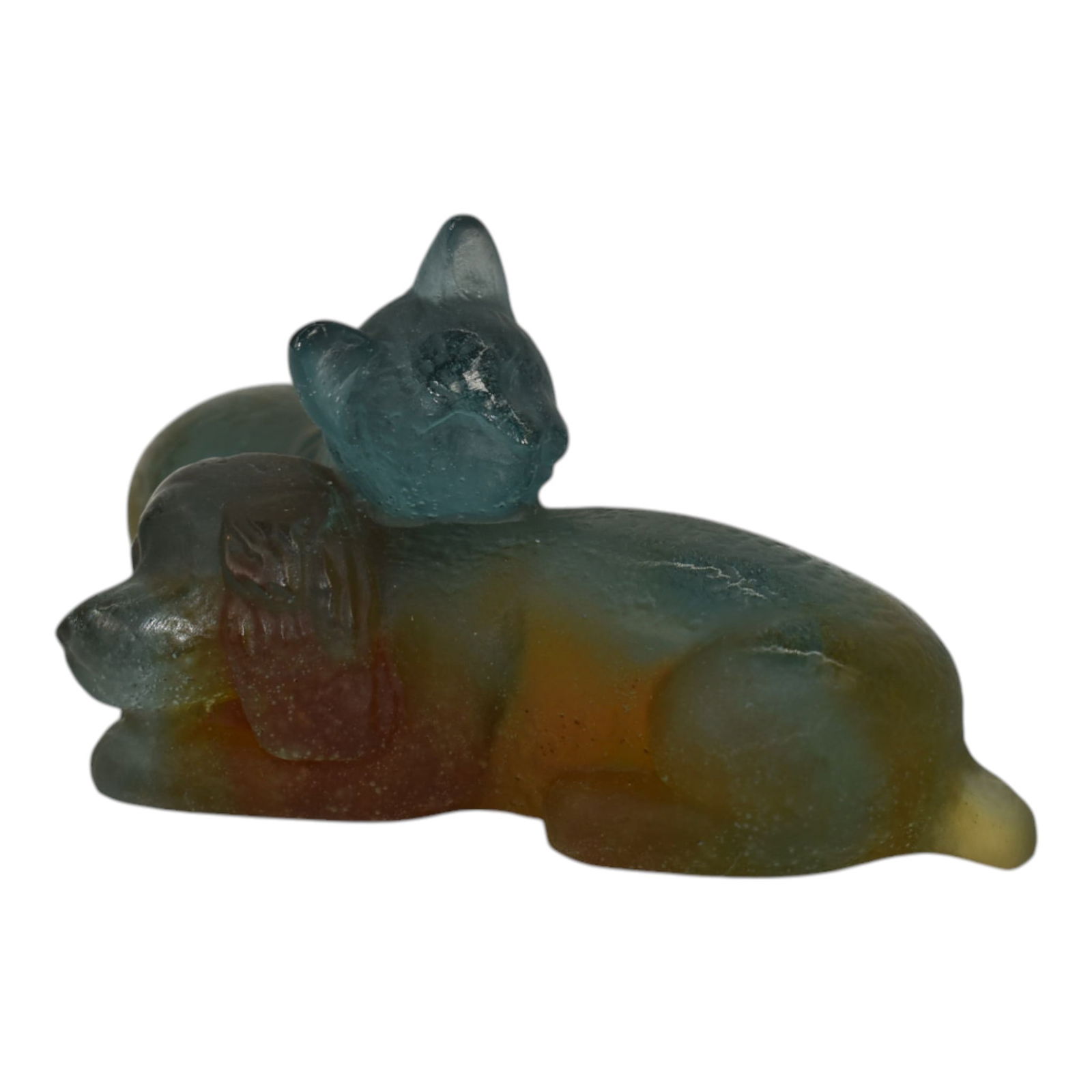 Daum Nancy France Patte De Verre Art Glass Amber Blue Puppy And Kitten Figurine: Daum Nancy France Patte De Verre Art Glass Amber Blue Puppy And Kitten Figurine Sweet and charming figurine of a kitten resting its head on a sleeping puppy in an earthy amber brown and ice blue cryst