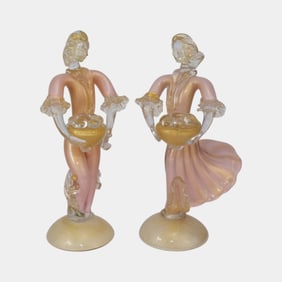Murano Glass Italy Pink And Gold Glass Man & Woman Figurines