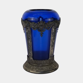 Jennings Brothers Antique Silver Plated Mount With Cobalt Blue Glass Vase
