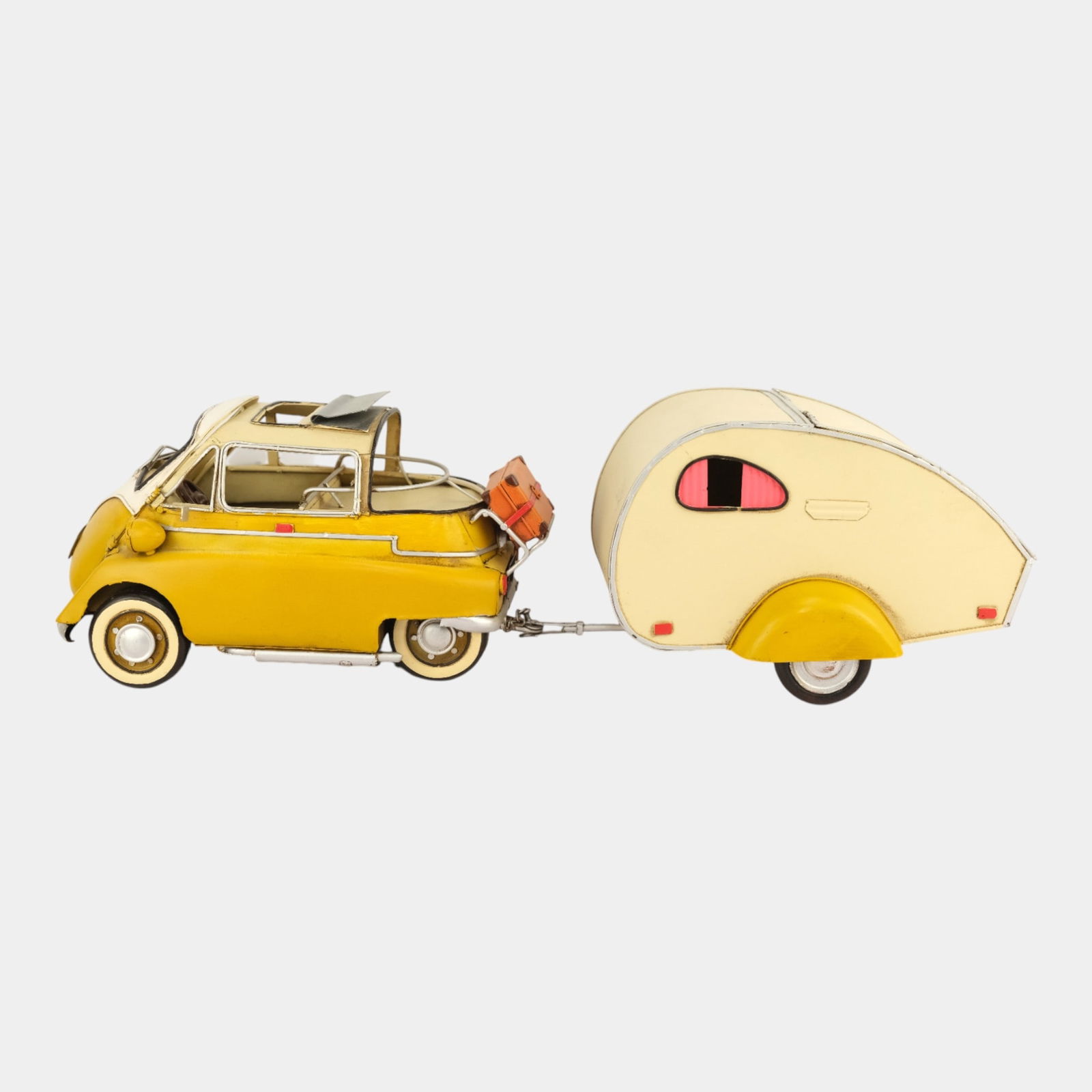 BMW Toy Yellow Tin Plate Isetta Microcar And Teardrop Camper Trailer (1 of 5)