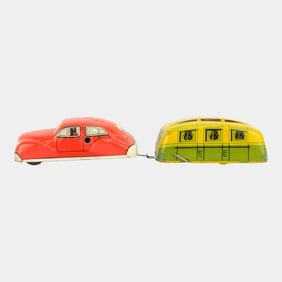 Mettoy Great Britain 1950s Tin Litho Toy Red Car Yellow Caravan Trailer