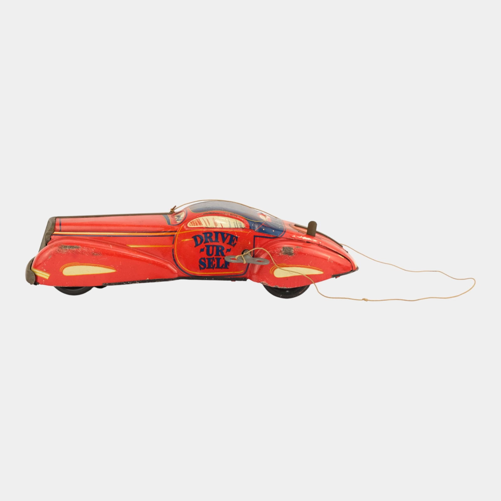 Marx 1930s Tin Litho Wind Up "Drive Ur Self" Red 14" Long Art Deco Toy Pull-Cord Car (1 of 6)