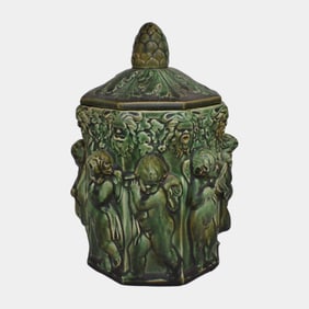 Atlantic Terra Cotta Co. 1900s Matte Green Sculpted Cherub Art Pottery Humidor