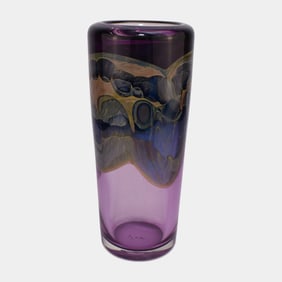 Brent Kee Young Studio Art Glass Purple Blue Iridescent Cylinder Vase