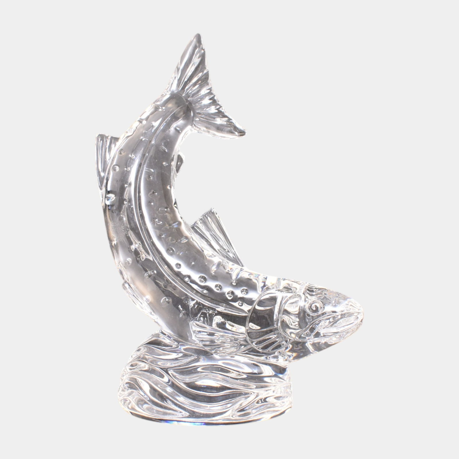 Waterford Signed Irish Clear Crystal Jumping Salmon Sculpture 8.5" Tall: Waterford Signed Irish Clear Crystal Jumping Salmon Sculpture 8.5" Tall Brilliantly faceted and exquisitely detailed, this graceful crystal sculpture captures a fish mid-leap, its fluid motion and spa