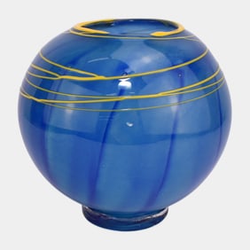 Martine Durand-Gasselin French Blue Yellow Thread Art Glass Orb Vase 1994