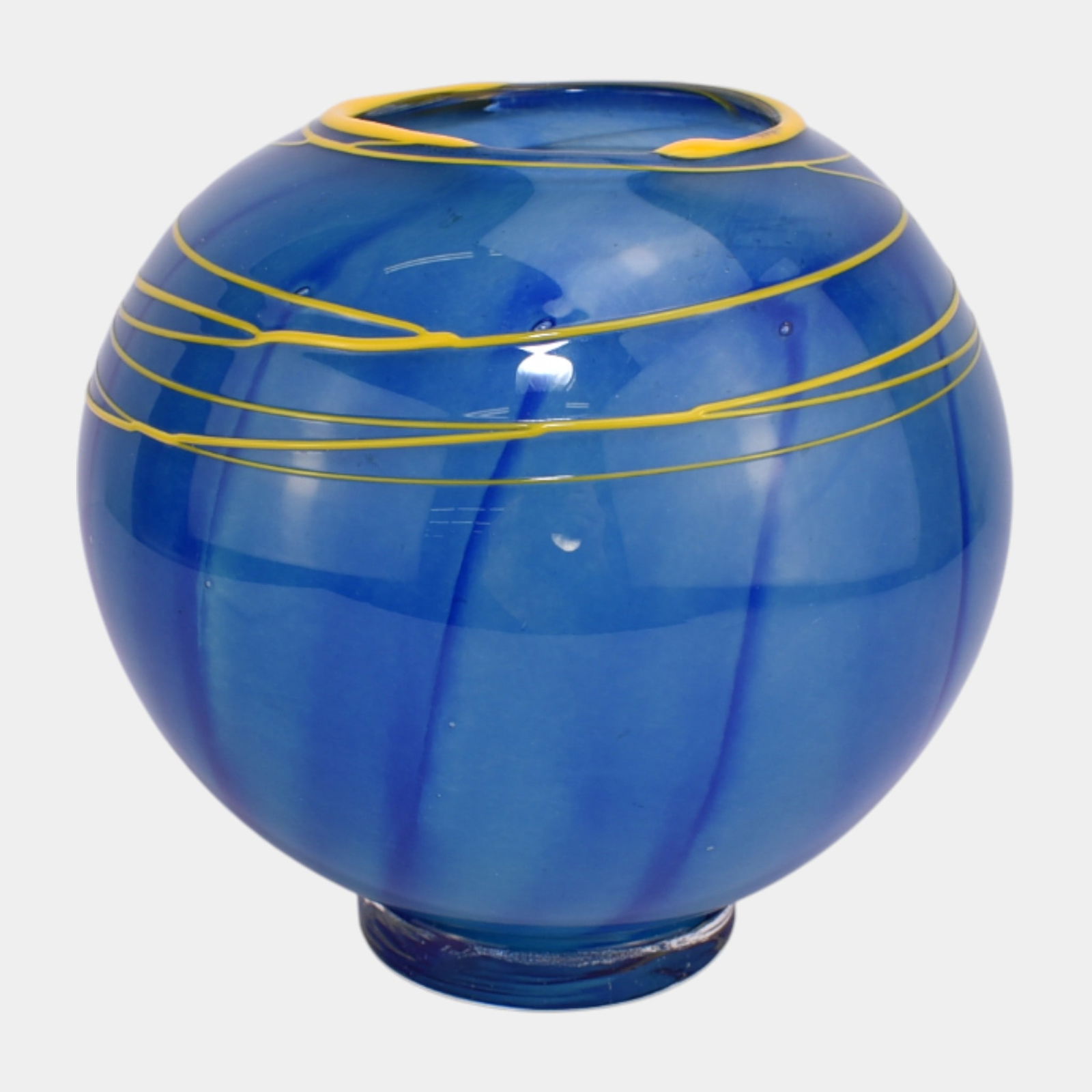 Martine Durand-Gasselin French Blue Yellow Thread Art Glass Orb Vase 1994 (1 of 3)