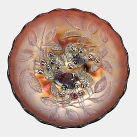 Millersburg Amethyst Carnival Glass Hanging Cherry Pattern Scalloped Rim Bowl