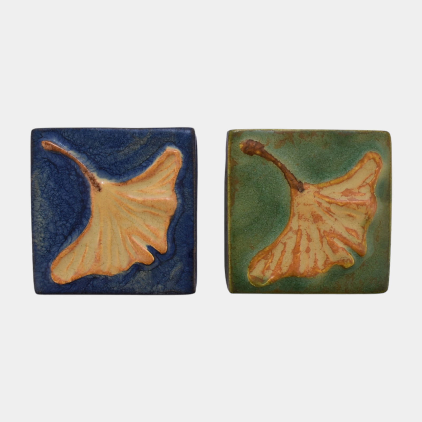 Ephraim Faience 2023 Art Pottery Blue Green Gingko Leaf Tiles (1 of 2)