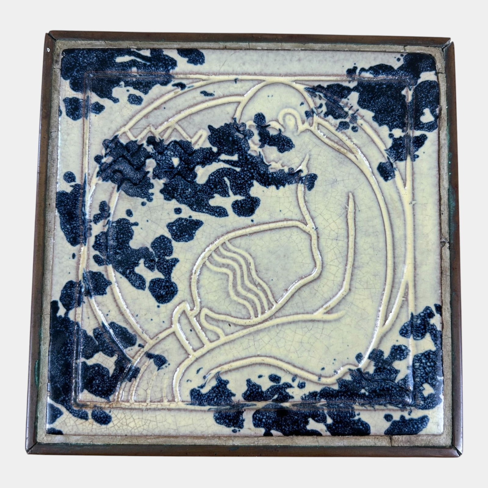 Pewabic Detroit 1920s Art Pottery Mottled Blue White Aquarius Bronze Cased Tile (1 of 4)