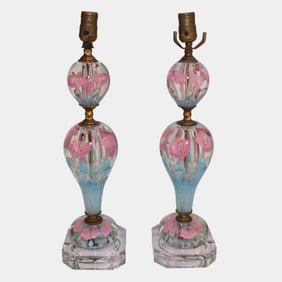 St. Clair Art Glass Pink Blue Paperweight Table Lamps