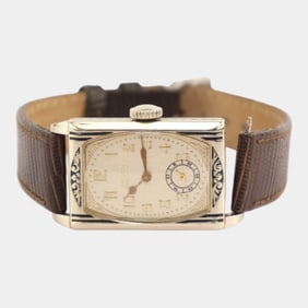 Gruen Watch Co. 1943 Black Enameled 14K GF Case Leather Art Deco Wristwatch