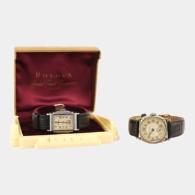 Heloisa & Bulova Silver Tone Leather Band Art Deco Wristwatches With Display Box