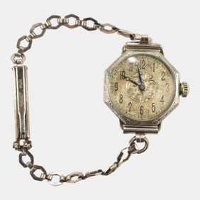 Waltham Octagon Case With Filigree Bezel Silver Tone Art Deco Wristwatch