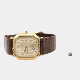 Waltham Watch Co. 1923 14K GF Case Leather Enameled Bezel Art Deco Wristwatch