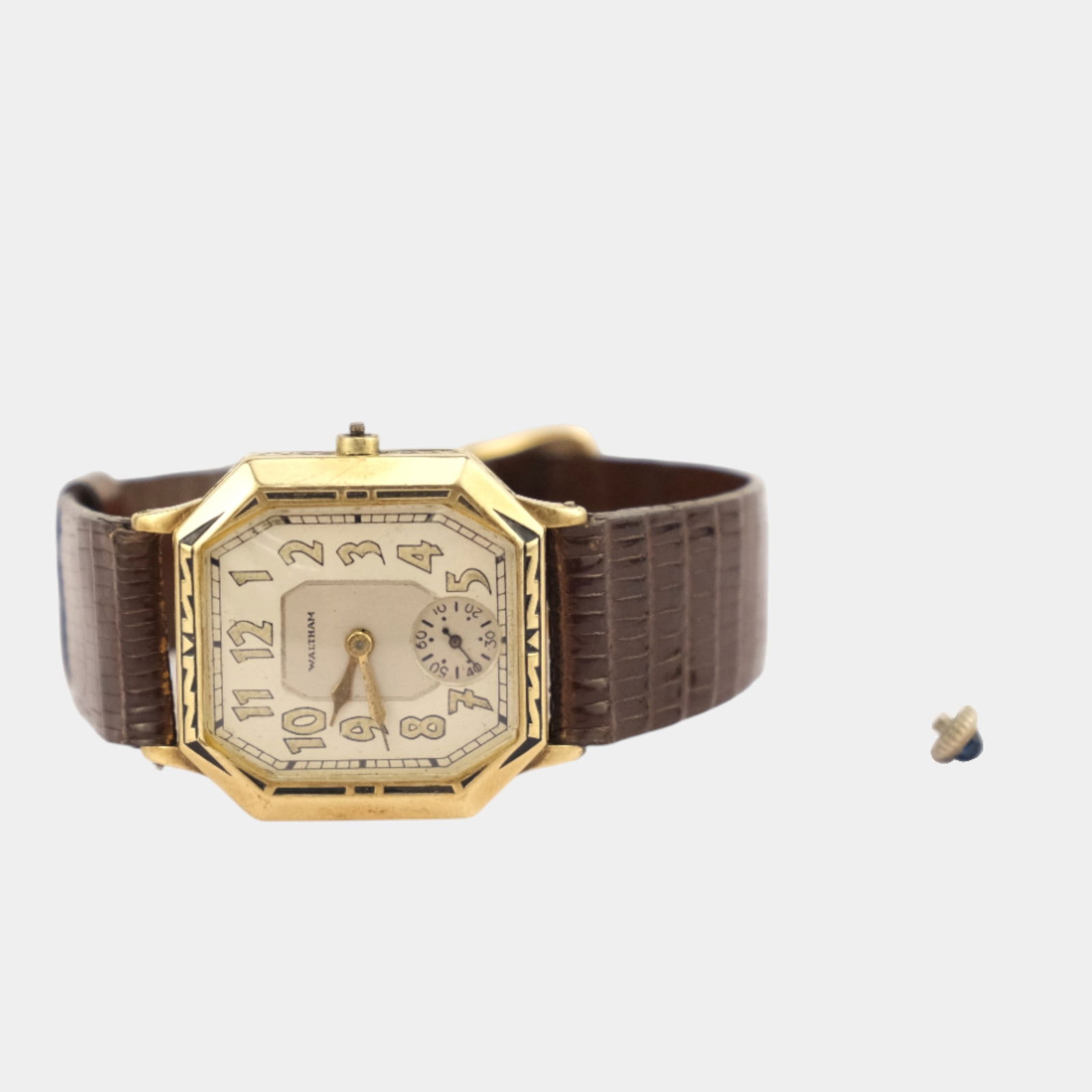 Waltham Watch Co. 1923 14K GF Case Leather Enameled Bezel Art Deco Wristwatch (1 of 4)