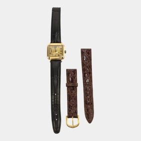 Illinois Watch Co. 1930s New Yorker 14K GF Case Art Deco Leather Band Wristwatch