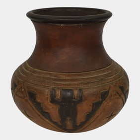 Weller Souevo Vintage Art Pottery Hand Carved Figure Native American Design Vase