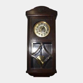 Junghans 1920s German Dark Oak Wood Case Wall Clock Ornate Glass Panel