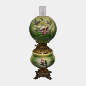 Victorian Gone With The Wind Hand Painted Glass Kerosene Oil Parlor Lamp
