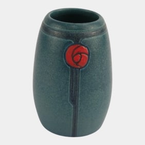 Ephraim Faience 2020 Art Pottery Teal Red Revival Rose Miniature Vase