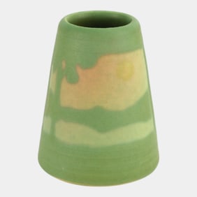 Ephraim Faience 2004 Green Vellum Pastoral Landscape Miniature Vase