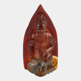 Carved Red Blue Orange Agate Depicting Buddhist Figure Guanyin