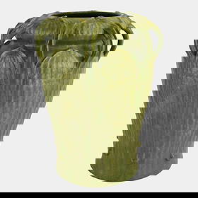 Ephraim Faience 2003 Art Pottery Curdled Green Seven Hand Grueby Style Vase 962: Ephraim Faience 2003 Art Pottery Curdled Green Seven Hand Grueby Style Vase 962 Impressive Arts and Crafts vase with deeply sculpted hosta leaf design flowing from rim to base, finished in rich moss g